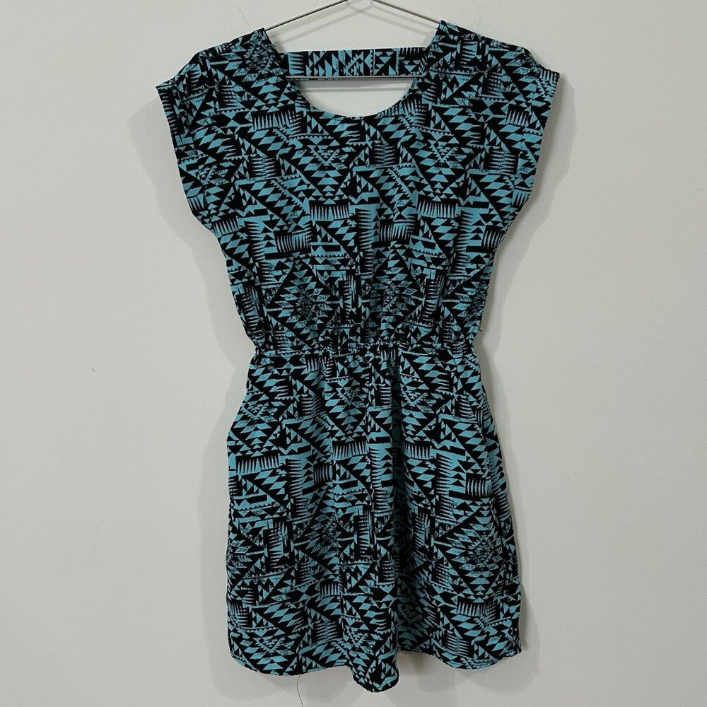 PINK REPUBLIC Aztec Short Dress Sz S Turquoise Black Bar Back Pockets Soft